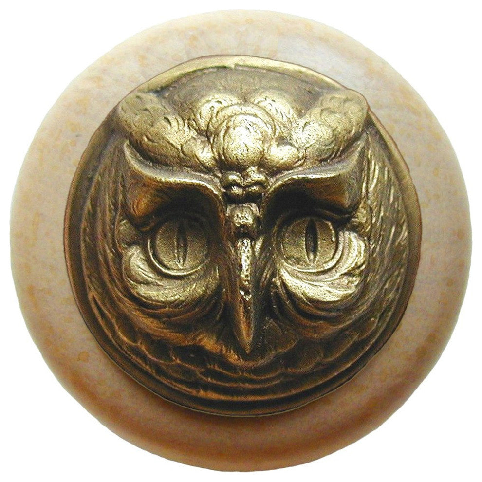 Wise Owl Natural Wood Knob, Clear Finish With Antique-Style Brass