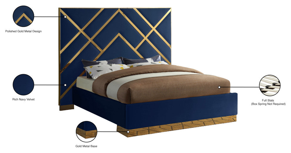 Vector Upholstered Bed, Navy, Queen, Velvet
