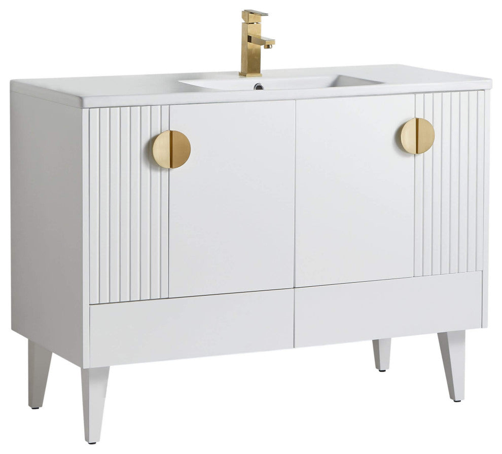 Venezian Single Bathroom Vanity, White, 48", Satin Brass Handles, One Sink