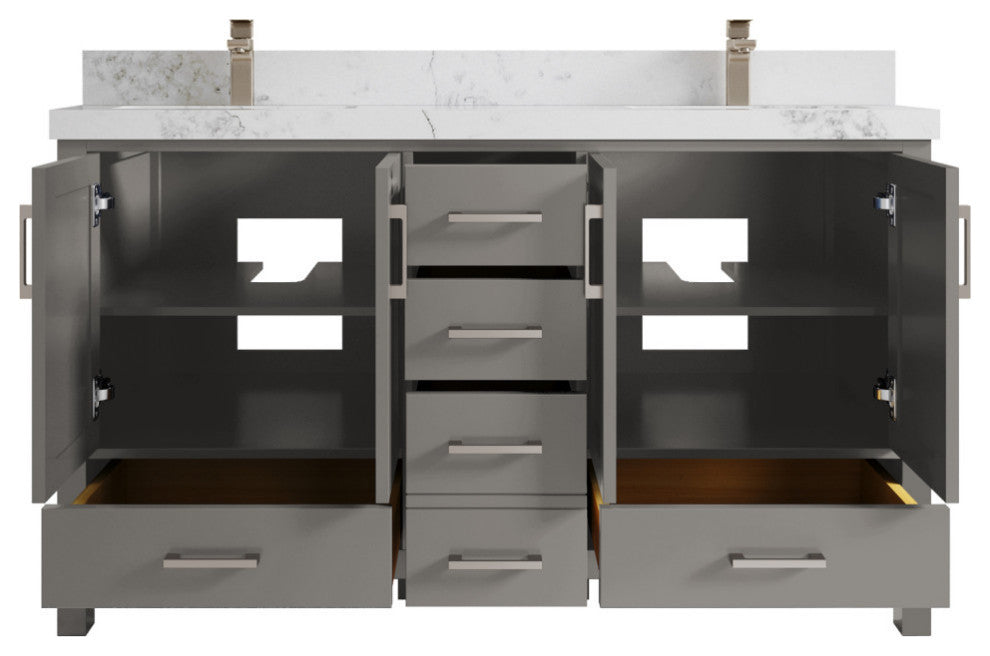 Malibu 60 Double Sink Bathroom Vanity in Elephant Skin Gray 2" Calacatta Nuvo