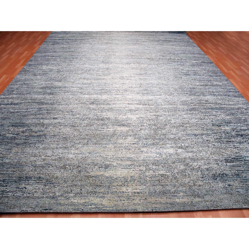 Blue Oceanic Pure Silk and Wool Hand Knotted Oriental Oversized Rug, 12'0"x15'0"