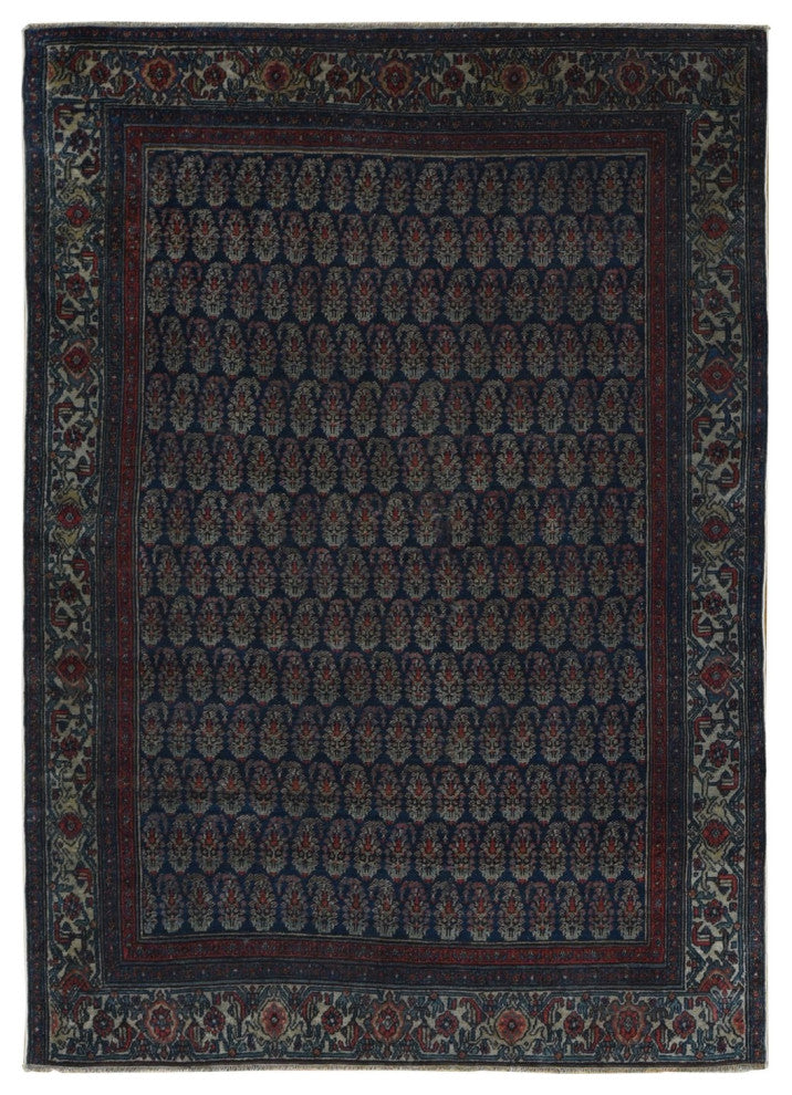Yankees Blue, Antique Persian Senneh, Hand Knotted Pure Wool Rug, 4'x6'