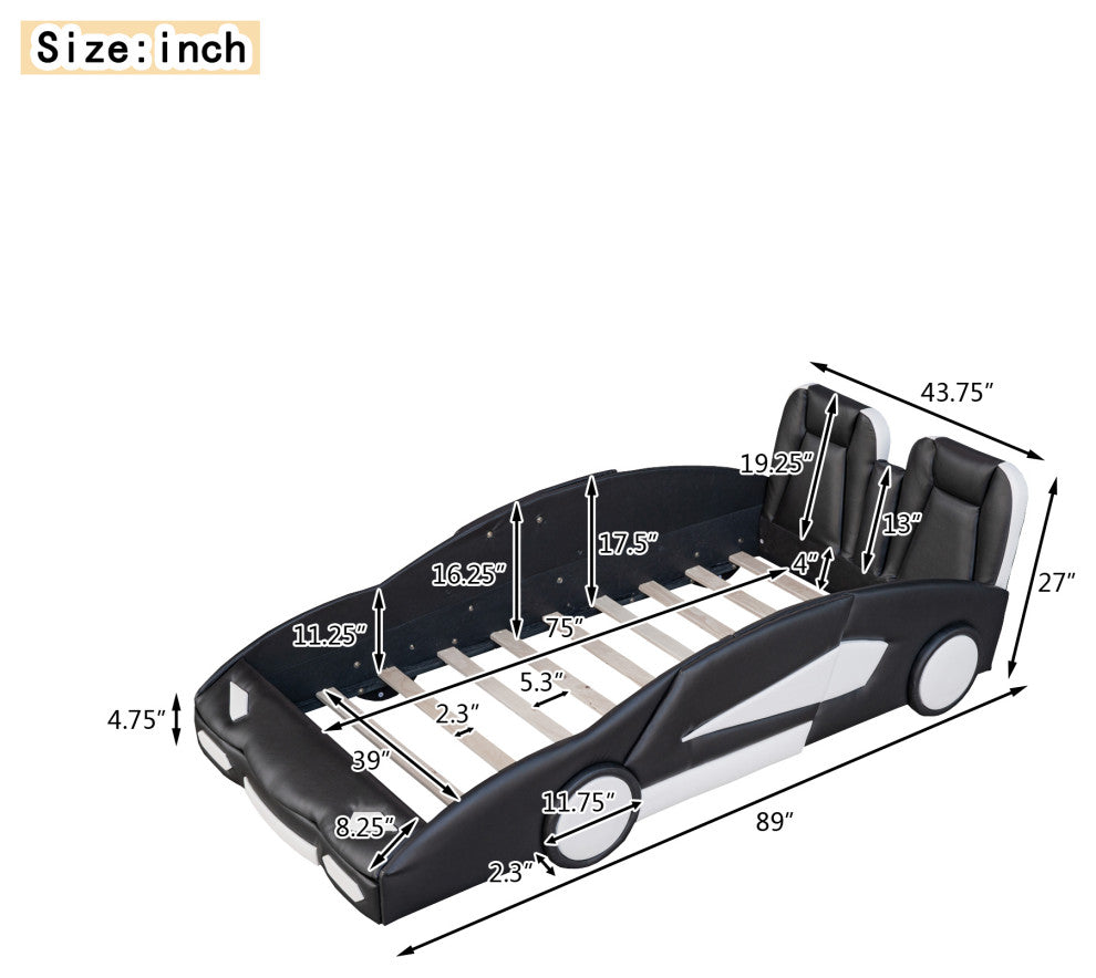 Gewnee Twin Size Race Car-Shaped Platform Bed with Wheels in White, Black