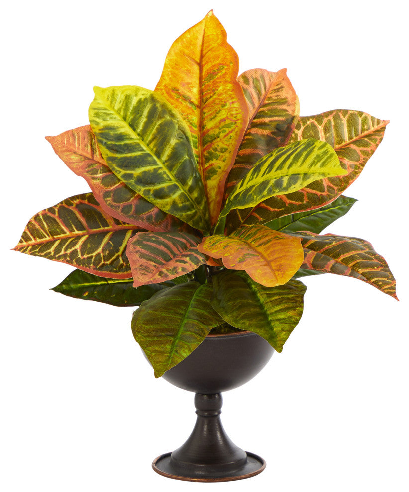 14" Garden Croton Artificial Plant, Metal Chalice, Real Touch