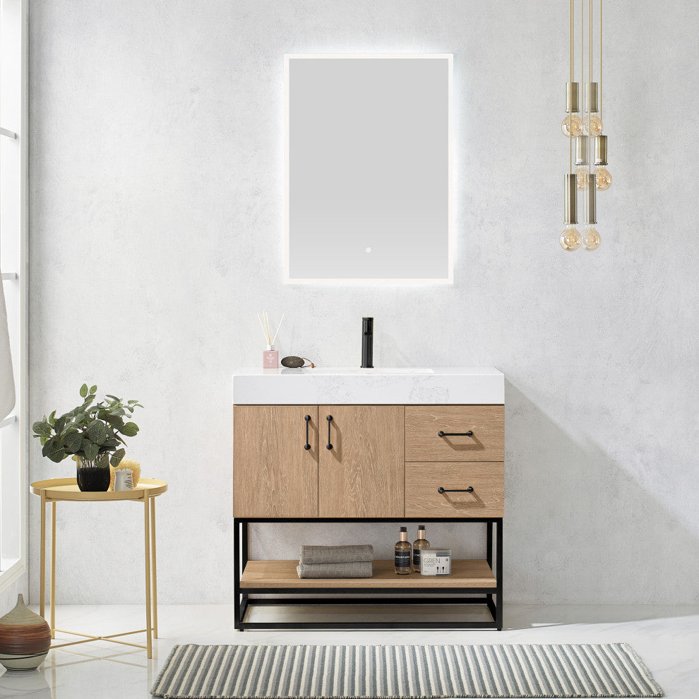 Alistair Vanity, North American Oak, Matte Black Hardware, 36", With Mirror