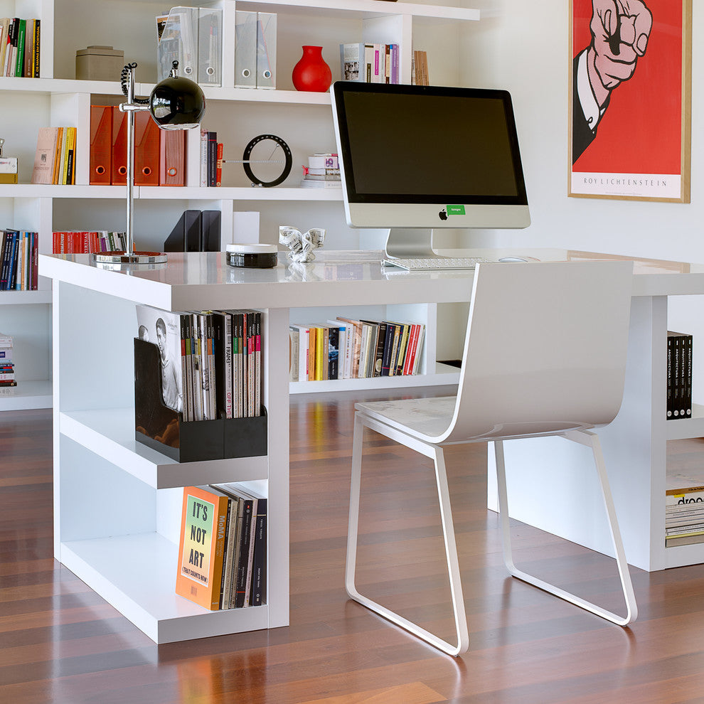 Contemporary Home Office Desk White Shelf Legs, White Top/White Legs