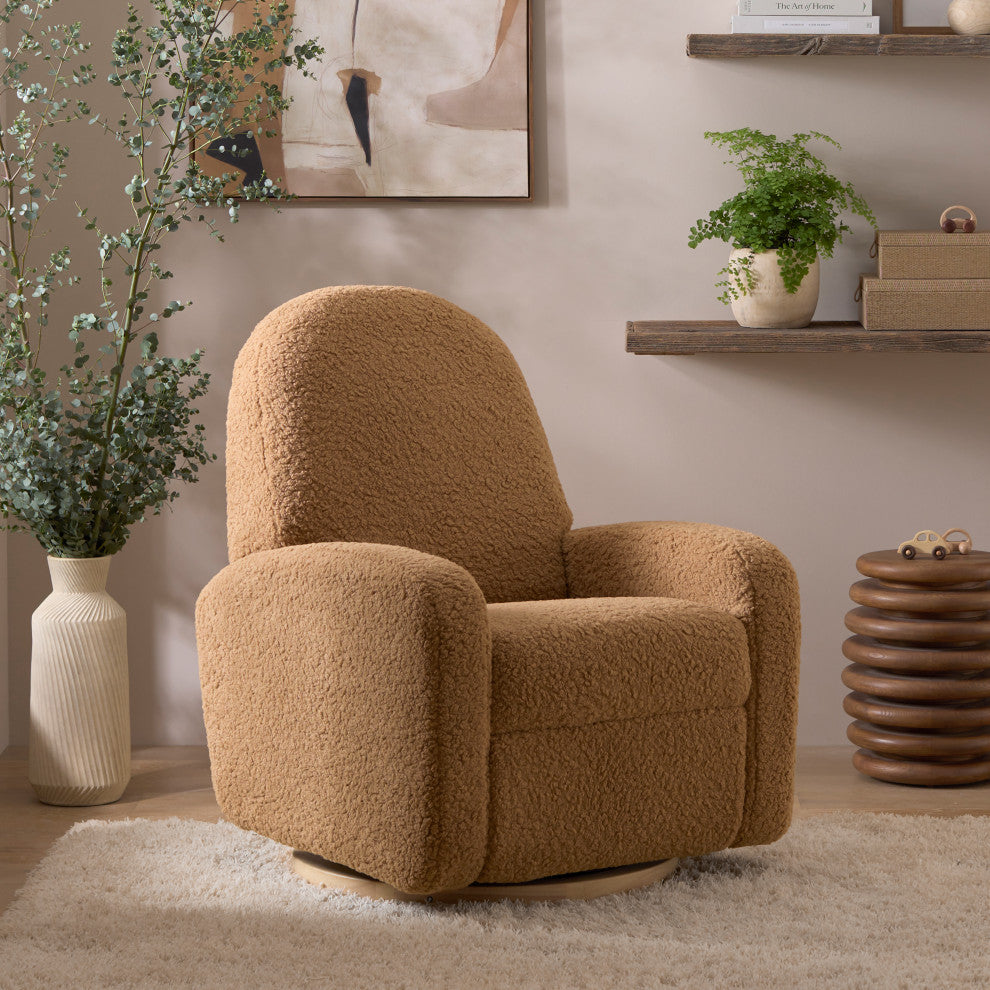 Nami Electronic Recliner and Swivel Glider Recliner, Boucle With USB port, Cortado Shearling With Light Wood Base