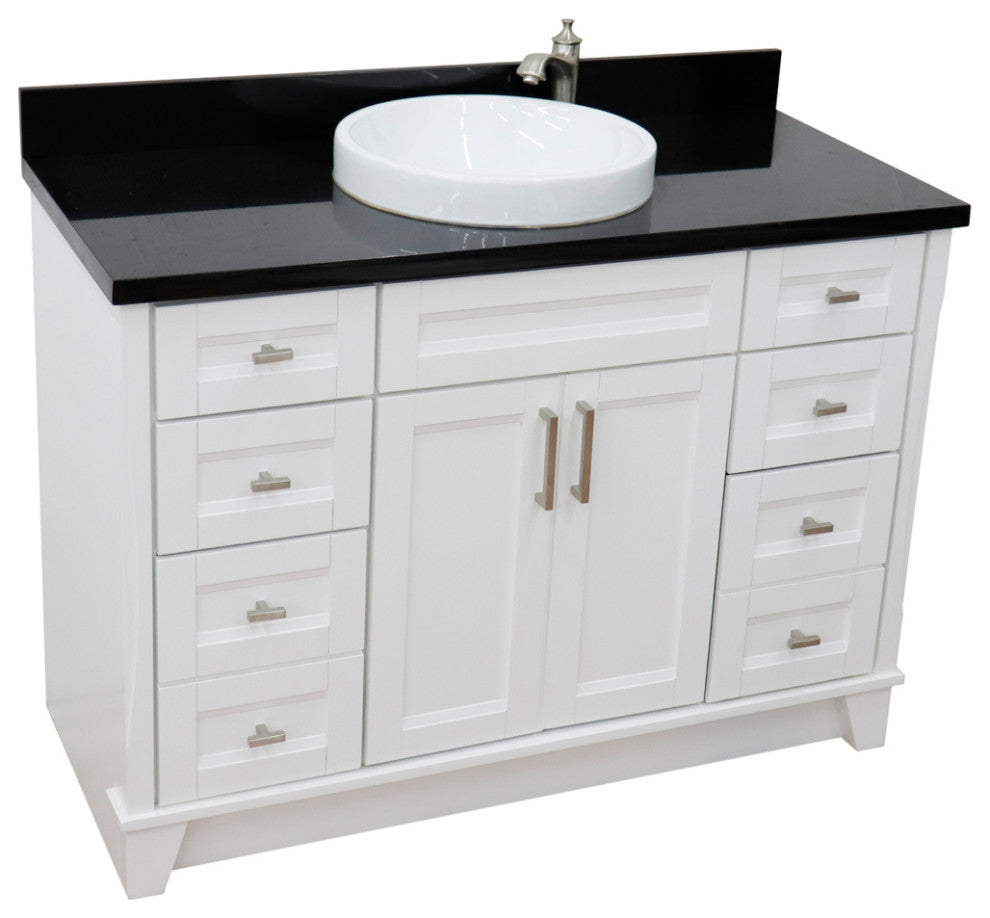 49" Single Sink Vanity, White Finish With Black Galaxy Granite And Round Sink