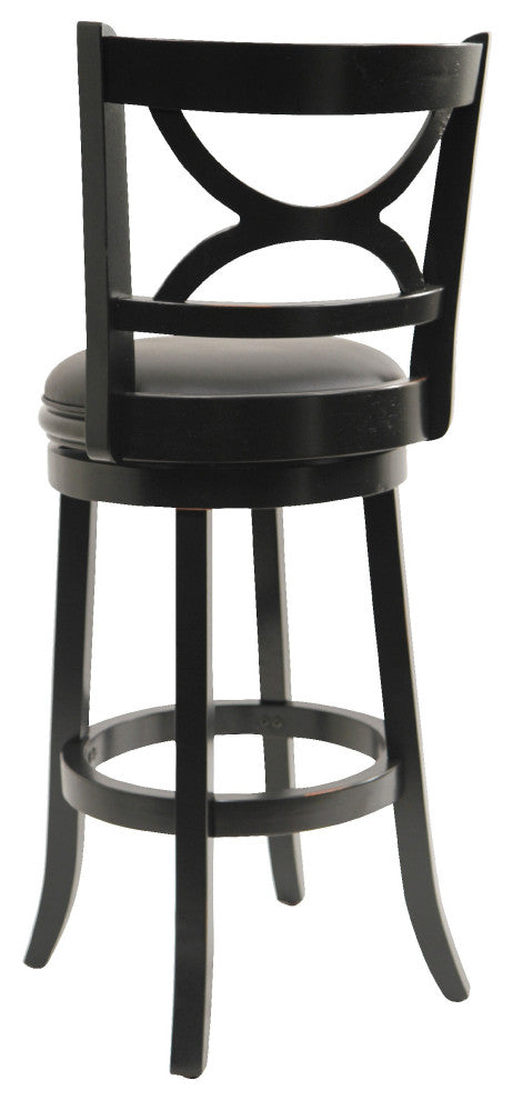 Ava 29 Inch Swivel Bar Stool, Solid Wood, Rich Faux Leather, Midnight Black