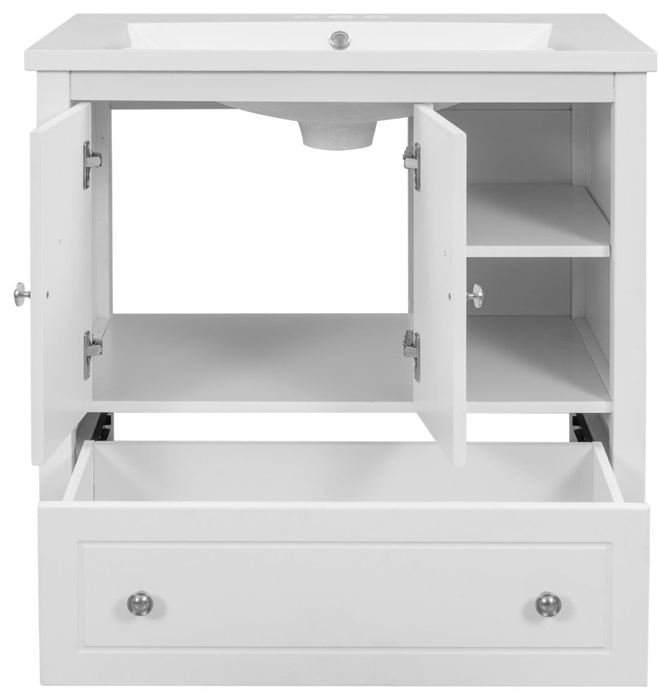 30" W x 18., D. x 32" H Bath Vanity, White Ceramic Top, White