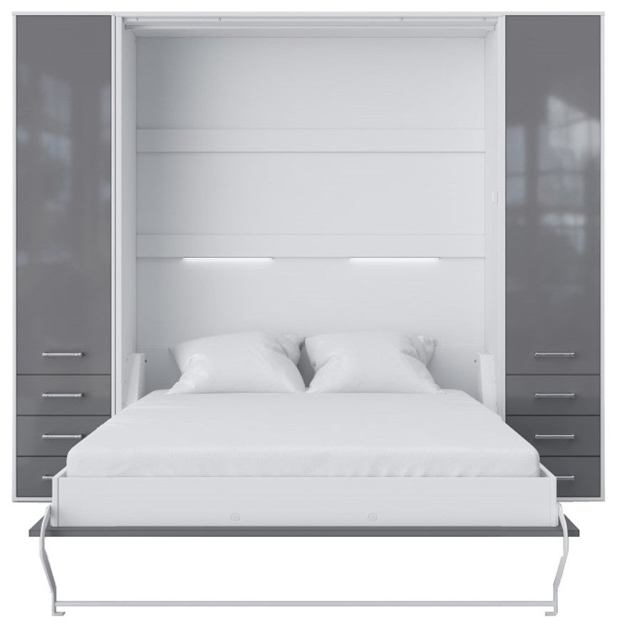 INVENTO Vertical Wall Bed With 2 Cabinets, White/Grey, With Mattress 63 X 78.7 Inch