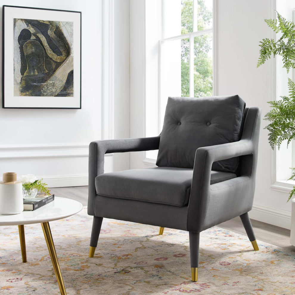 Modern Lounge Accent Side Chair Armchair, Velvet Fabric Wood, Grey Gray
