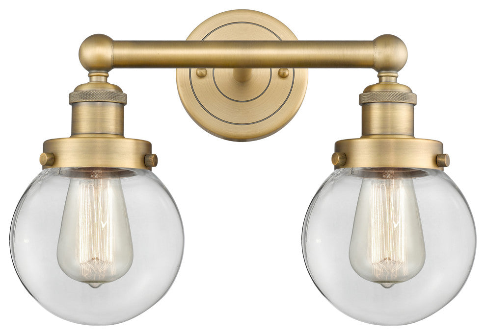 Small Edison Beacon 2-Light 16" Vanity Light, Brushed Brass Finish, Clear Shade