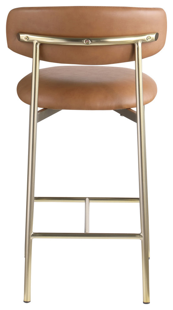 Lupita Upholstered Counter Stool, Cognac, Vegan Leather, Brushed Gold, Set of 2