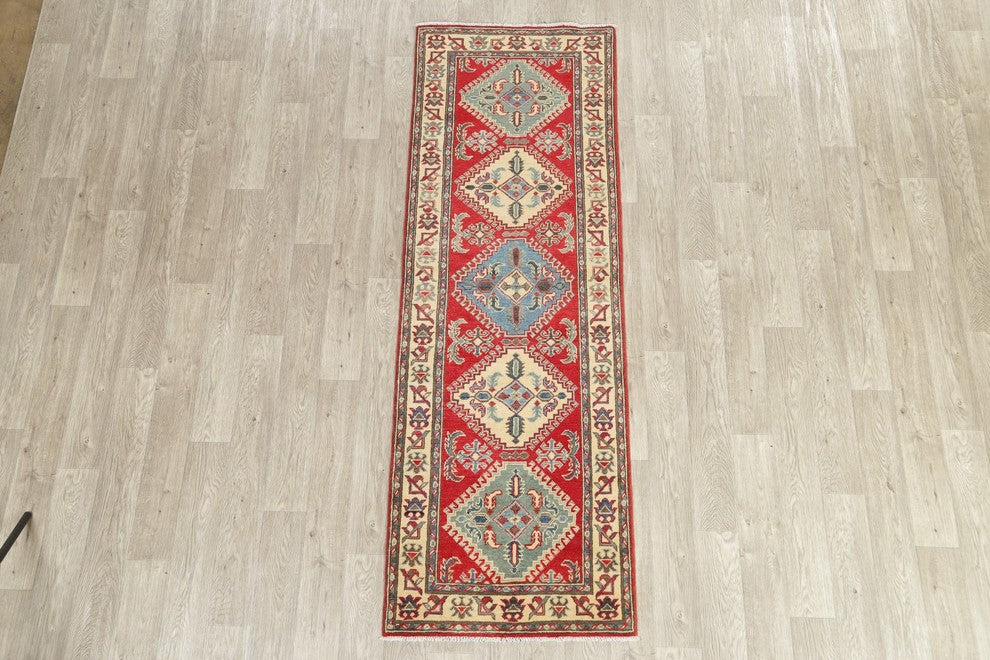Pakistani Traditional Kazak Wool Hand Made Oriental Runner Rug, Red, 7'10"X2'8"