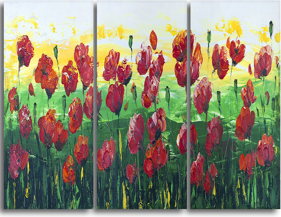 Wild Red Poppies Field Panorama, Modern Landscape Metal Art, 36x28, 3 Panels