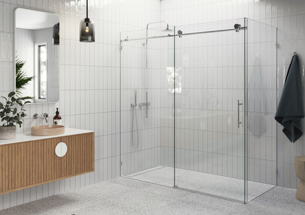 64"-68"x30"x78" Frameless Sliding Shower Door With Return Panel, Polished Chrome
