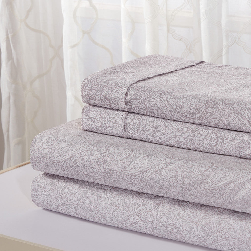 Bibb Home 4 Piece Printed Microfiber Sheet Set, Mini Paisley, Queen