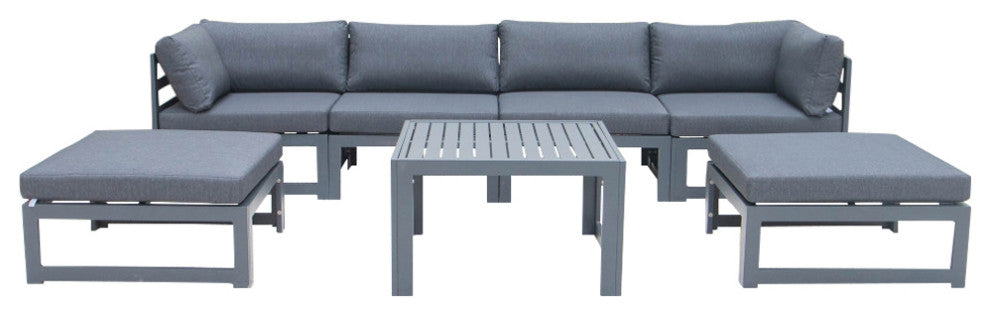LeisureMod Chelsea 7-Piece Patio Ottoman Sectional With Coffee Table, Black