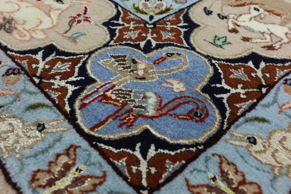 Hunting Scene Wool and Silk Authentic Signed Persian Isfahan Rug, 4'x7'