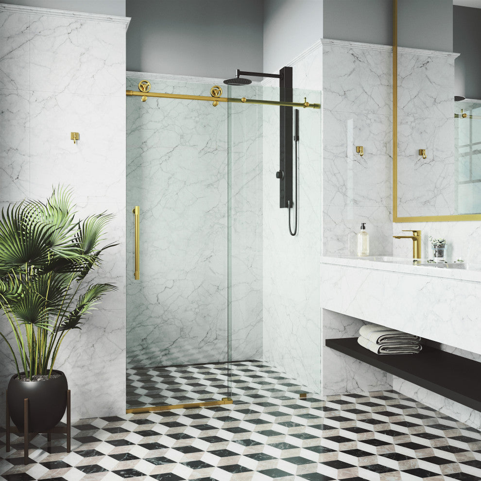 VIGO Elan Cass Aerodynamic 52" to 56" W x 76" H Frameless Sliding Shower Door, Matte Brushed Gold, Clear Glass