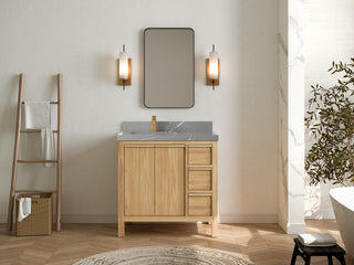 Elizabeth 36 Left Offset Bath Vanity in Light Natural Teak 2" Piatra Gray