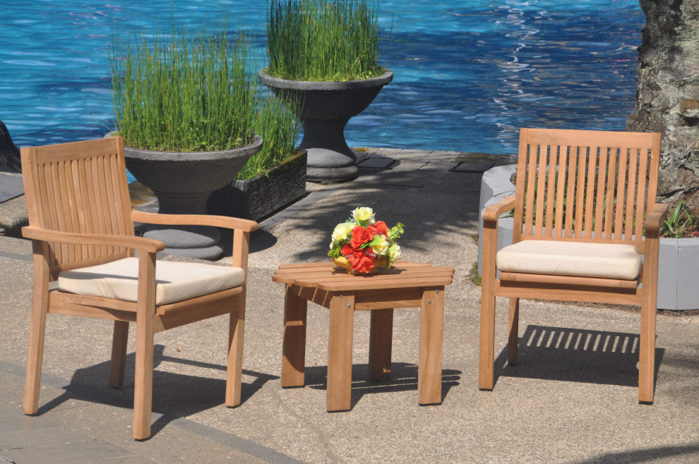 3-Piece Outdoor Teak Dining Set, 27.5" Adirondack Table, 2 Leveb Stacking Chairs