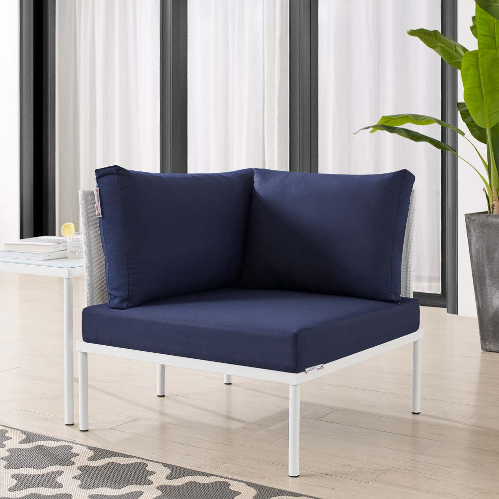 Sofa Corner Chair, Sunbrella, Aluminum, Metal, White Blue Navy, Modern, Outdoor