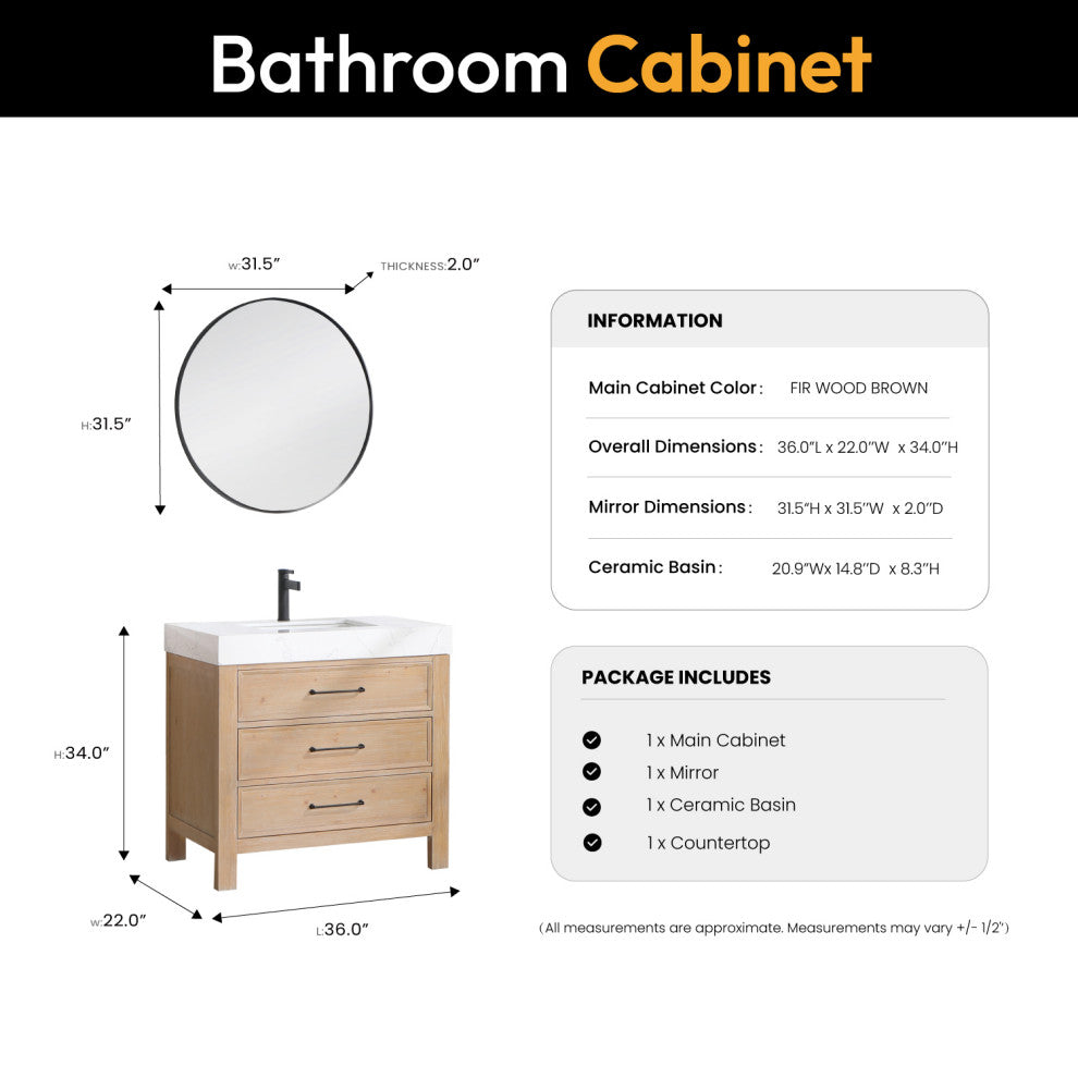 Leon Bath Vanity With Composite Stone Top, Fir Wood Brown, 36", With Mirror