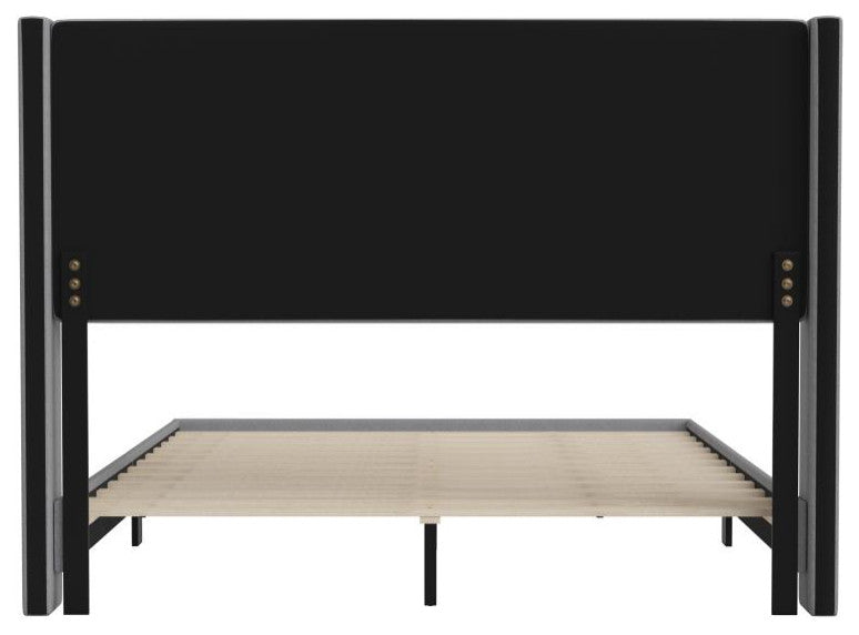 Hollis Upholstered Platform Bed with Wingback Headboard w/Mattress Foundation, Gray, Queen