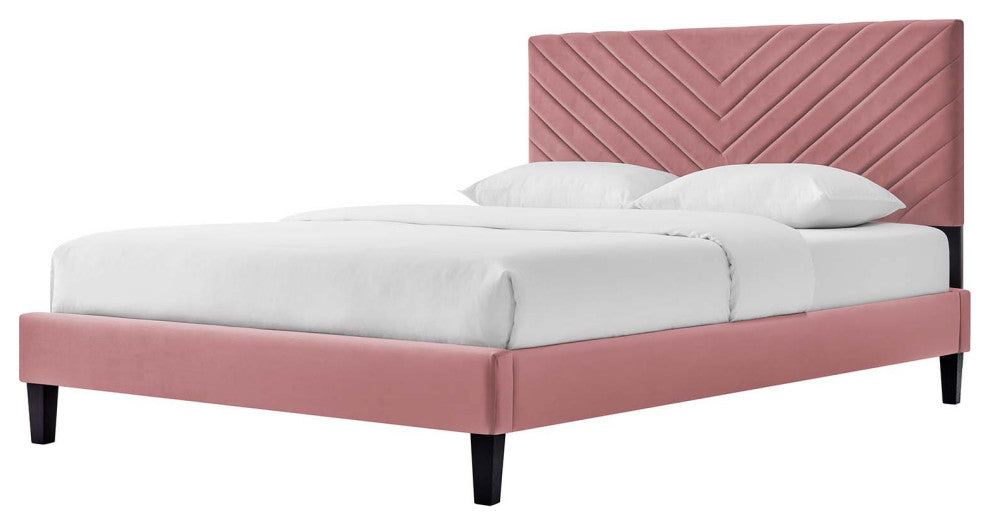 Platform Bed Frame, King Size, Pink, Velvet, Modern, Bedroom Master Guest Suite