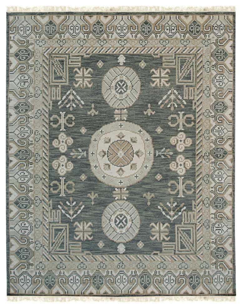 Hand Knotted Wool Green Traditional Oriental Khotan Rug, 8'x10'