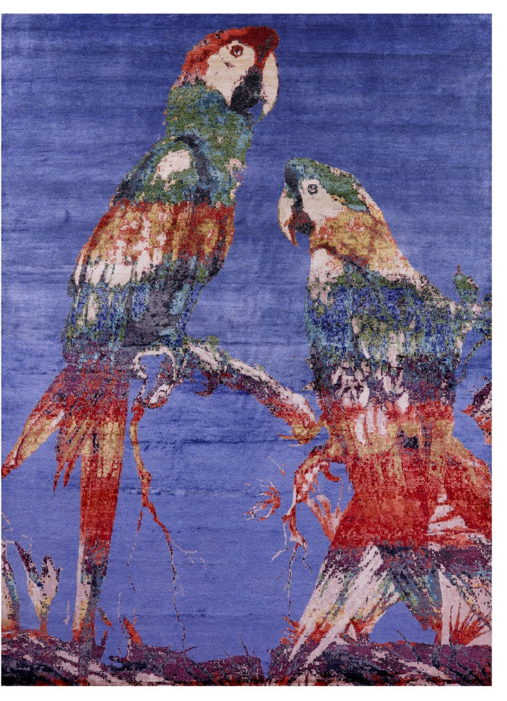 8' 10" X 12' 4" Modern Parrots Design Hand Knotted Silk Rug Q11601