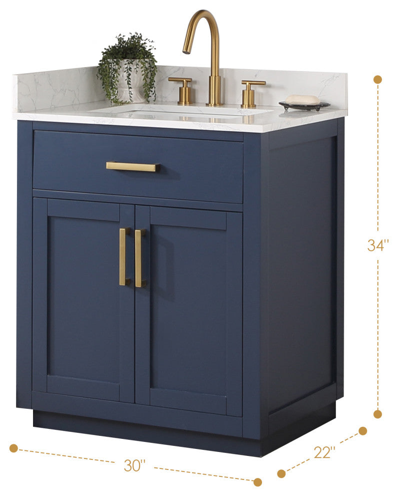 Gavino Vanity With Grain White Composite Stone Top, Royal Blue/Brushed Gold, 30", No Mirror