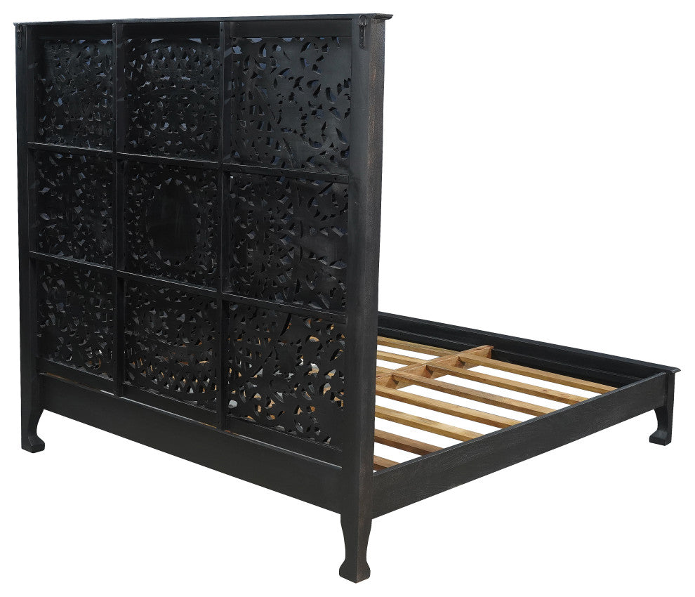 Milano Floral Carved Solid Wood Queen Panel Bed, Black, King