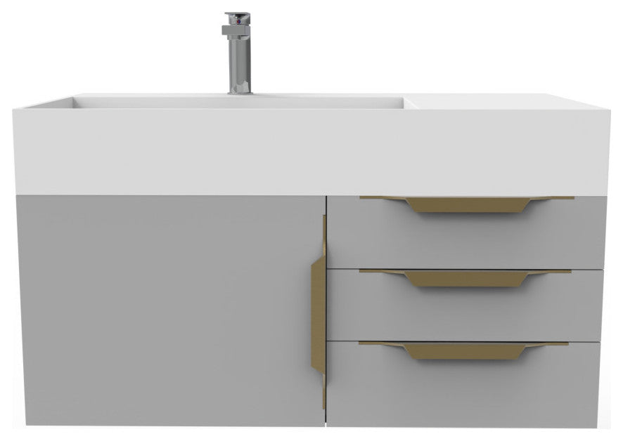 CastelloUSA Amazon 36" Wall Mount Vanity Set, Gray, White Top, Gold Handles