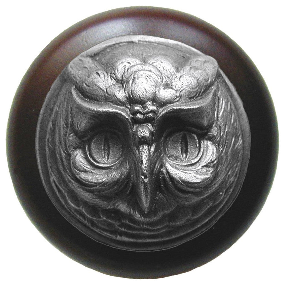 Wise Owl Walnut Wood Knob, Antique-Style Pewter