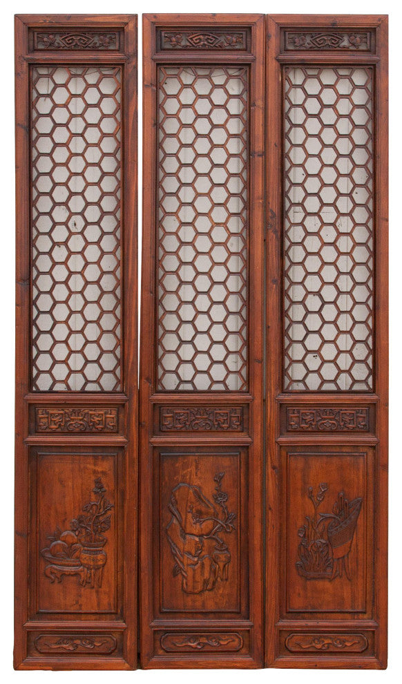 Set of 3 Mid-Century Honeycomb Chinese Panels
