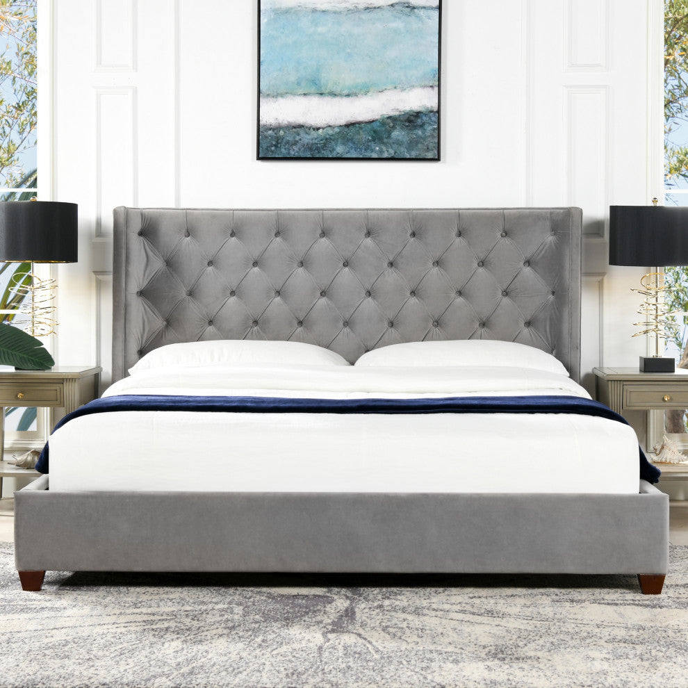 Manhattan Shelter King Platform Bed Frame, Opal Gray Velvet