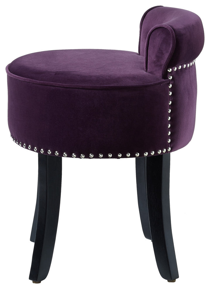 Ludovic Velvet Contemporary Nailhead Trim Rolled Back Vanity Stool, Purple