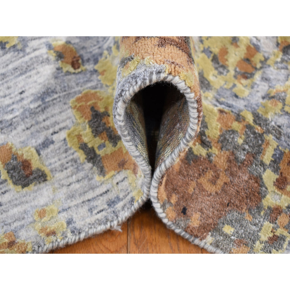 Sea Blue With Brown Fossil Design Wool and Silk Hand Knotted Rug, 10'x14'