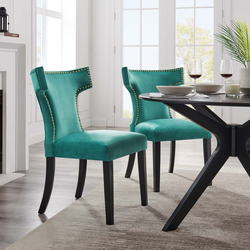 Dining Chair, Nailhead, Set of 2, Teal Blue, Velvet, Modern, Bistro Hospitality
