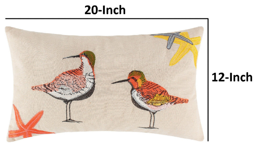 Benzara BM293457 Throw Pillow, Hand Embroidered Shorebirds, Canvas and Linen
