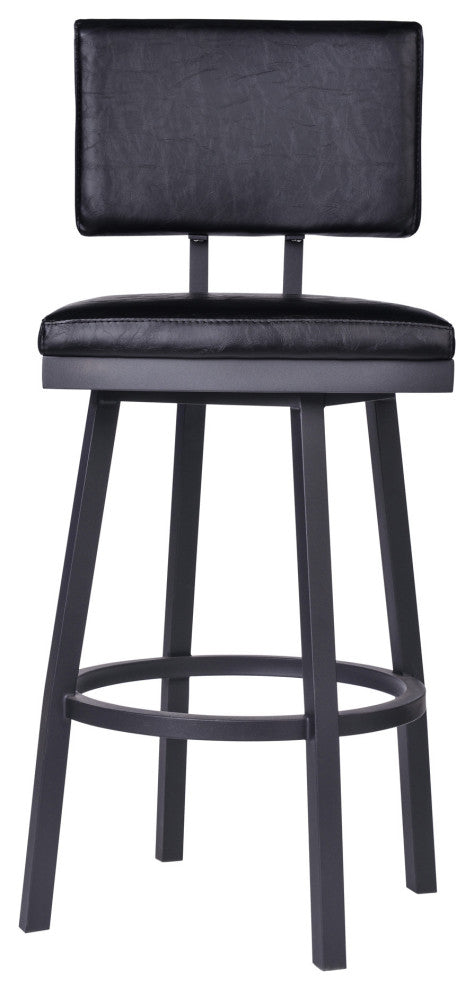 26" Vintage Black on Black Faux Leather Rectangular Swivel Armless Bar Stool