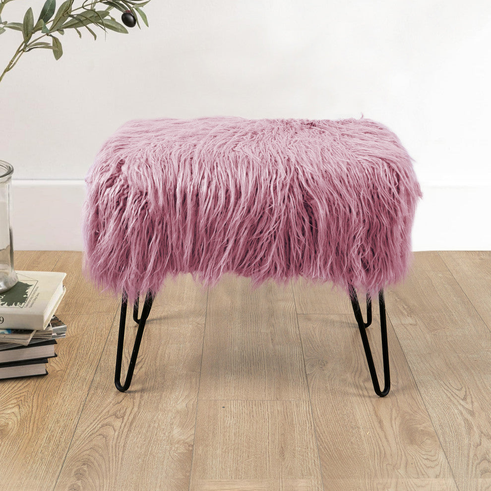 Mongolian Fur Ottoman, Lilas, 19''x13''x17''