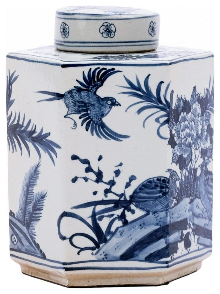 Blue and White Bird Motif Porcelain Tea Caddy Jar, 11"