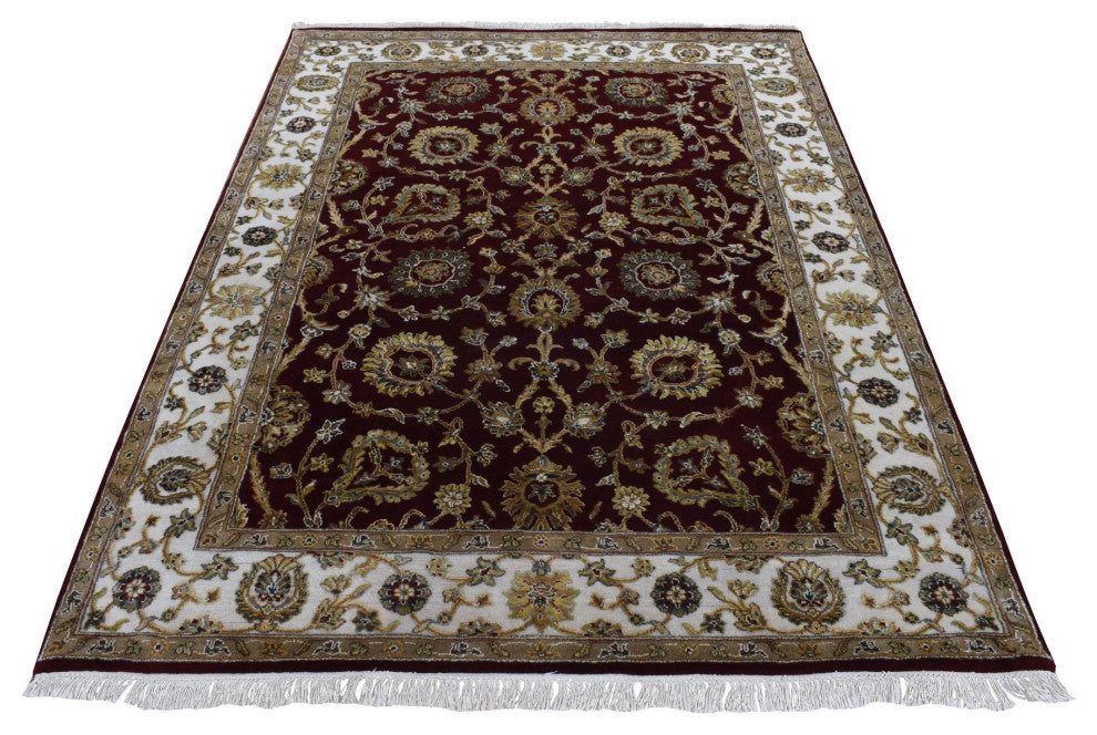 Red Rajasthan Design Half Wool and Half Silk Hand Knotted Rug 5'1" x 7'1"