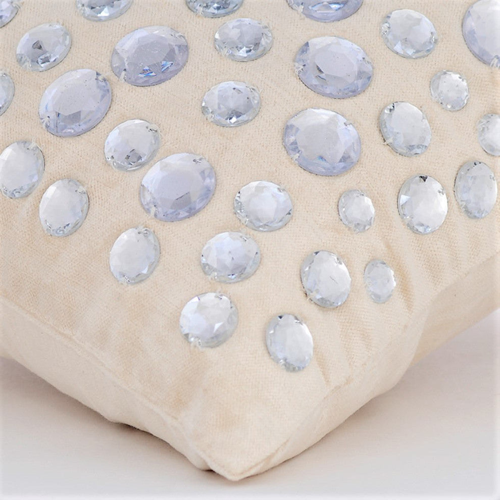 Ecru Ivory Western Throw Pillow Crystal 20"x20" Velvet Dotted, Crystal Moonstone
