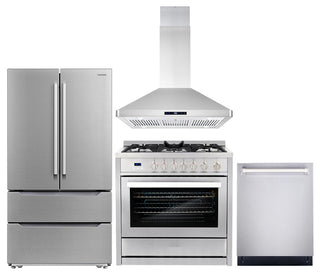 4 Piece, 36" Gas Range 36" Range Hood 24" Dishwasher & Refrigerator