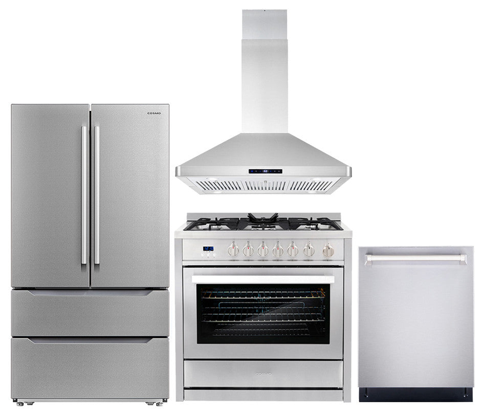 4 Piece, 36" Gas Range 36" Range Hood 24" Dishwasher & Refrigerator